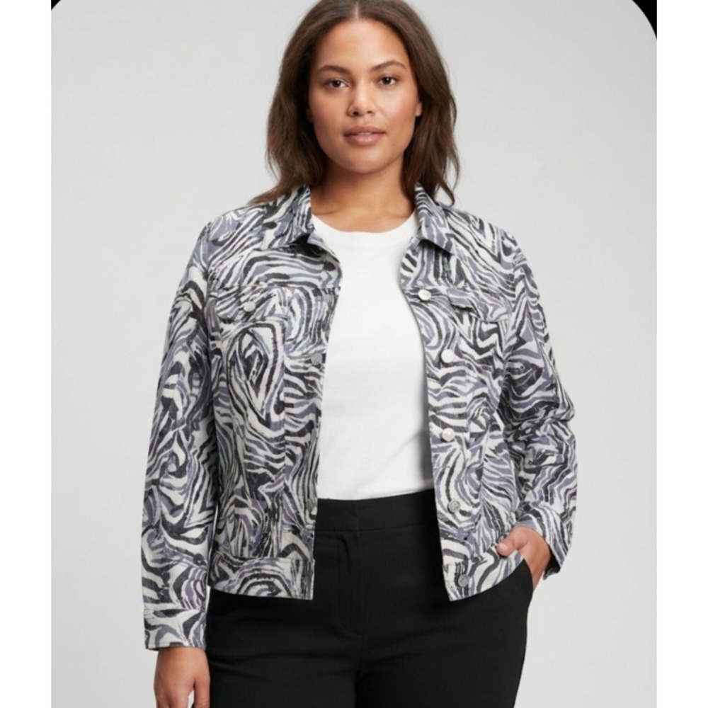 Carole Little Woman Zebra Print 100% Linen Trucker Jacket Black White Grey 1X